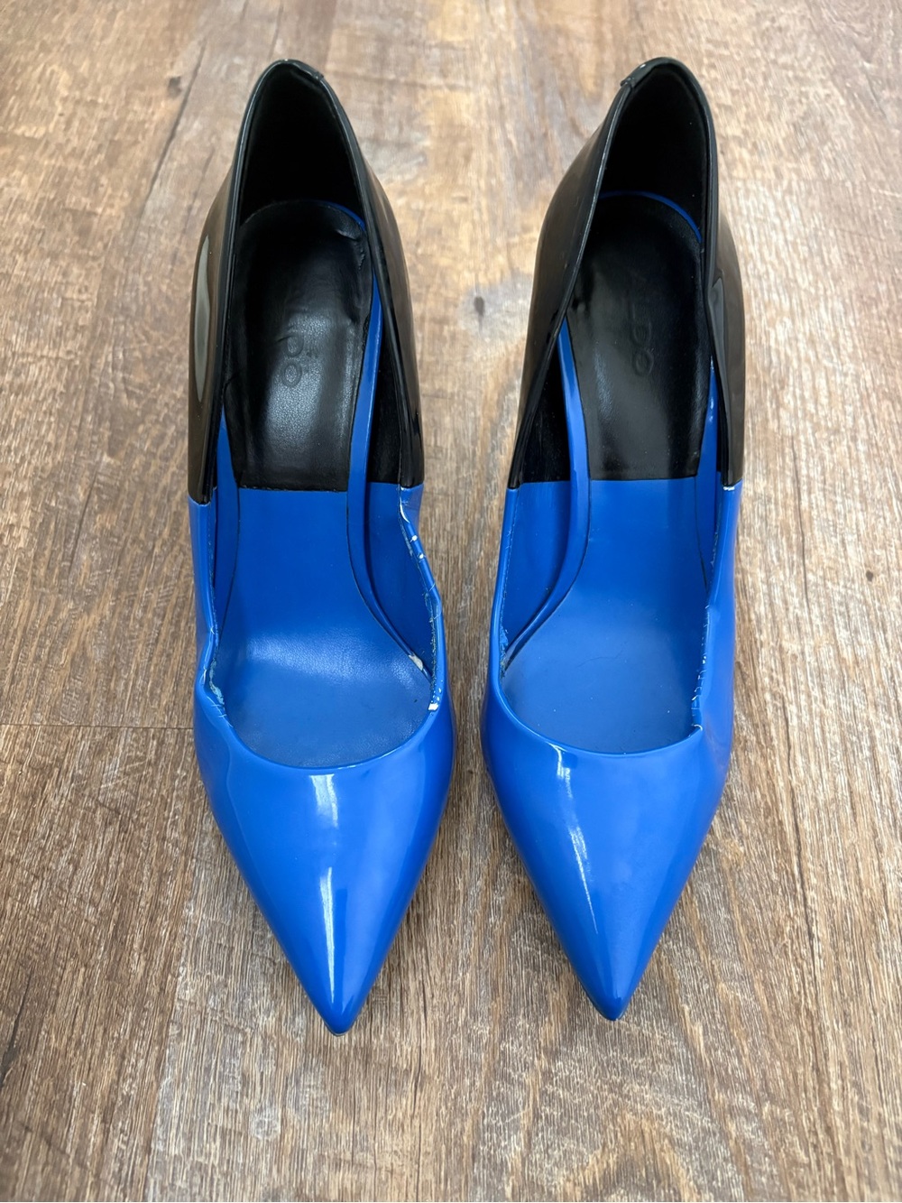 Aldo Cobalt Blue and Black Pointed-Toe Patent Pumps